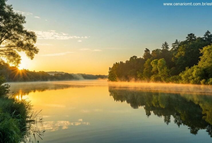 Nascer do sol sereno sobre um lago calmo com reflexos dourados, cercado por árvores verdes e um céu azul claro