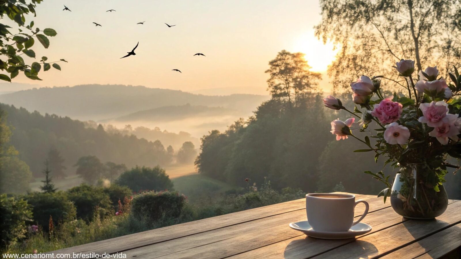 Cenário de bom dia para sexta-feira com luz suave do amanhecer e flores ao redor