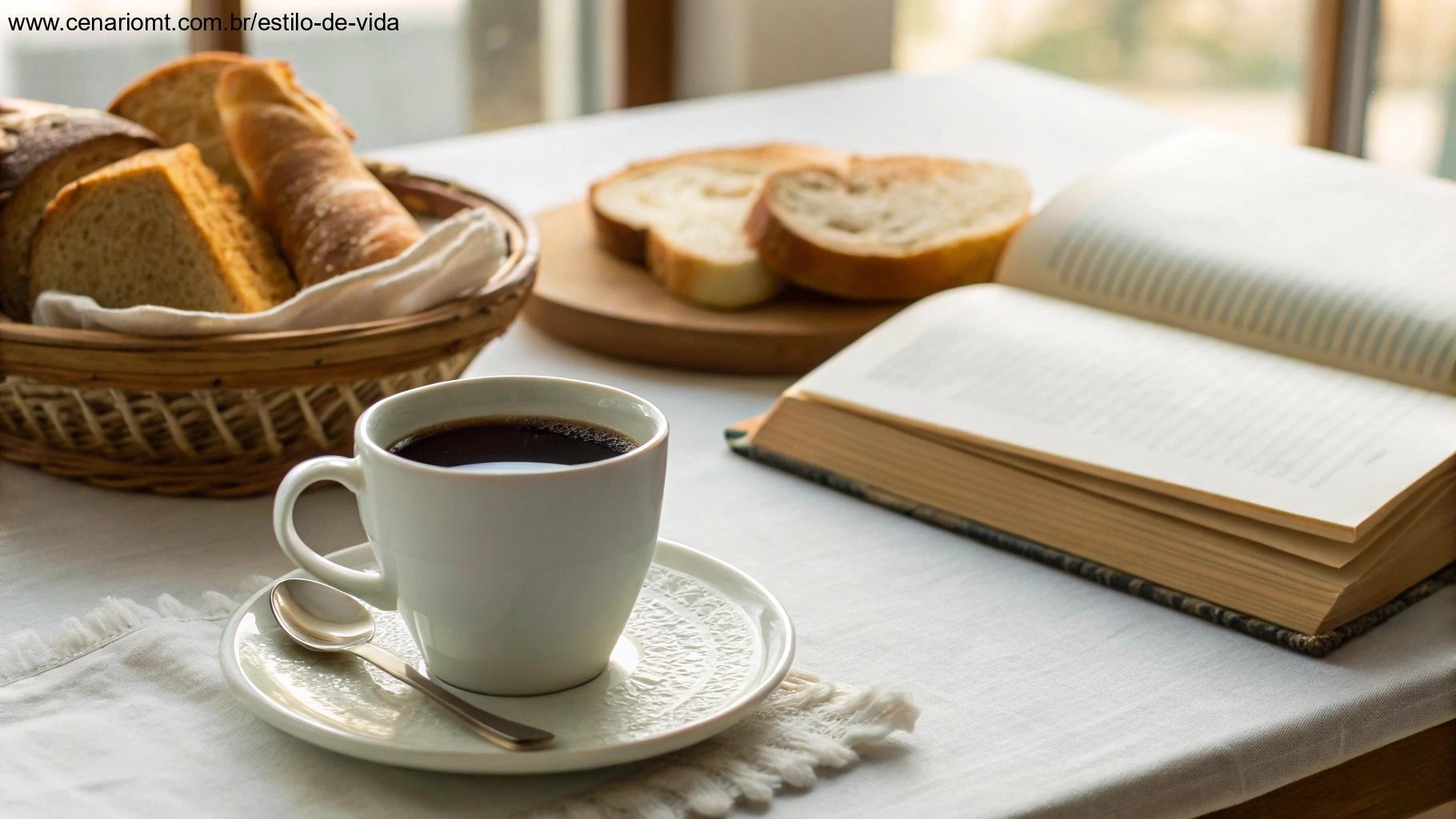 Mesa de café da manhã tranquila, simbolizando o início de uma segunda-feira produtiva.