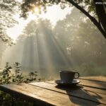 Imagem de uma manhã tranquila com luz do sol entre as árvores e uma xícara de café