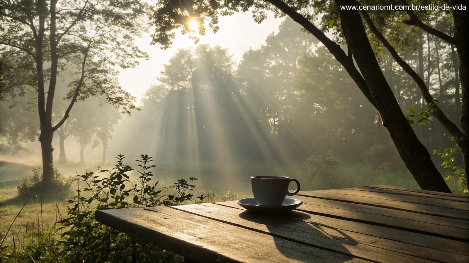 Imagem de uma manhã tranquila com luz do sol entre as árvores e uma xícara de café