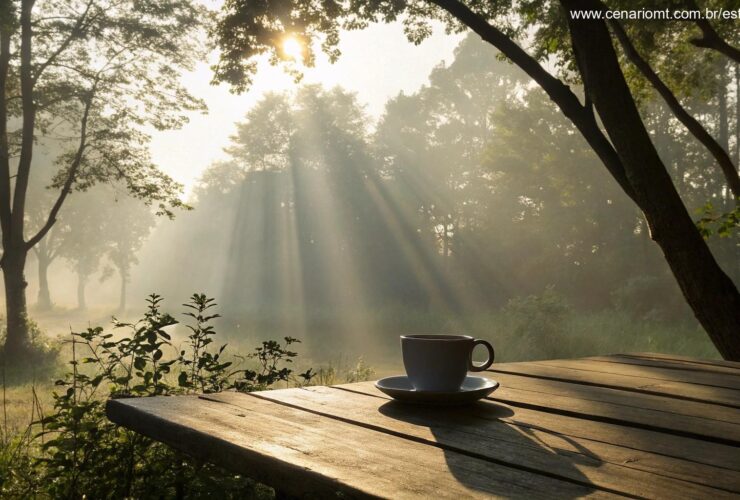 Imagem de uma manhã tranquila com luz do sol entre as árvores e uma xícara de café