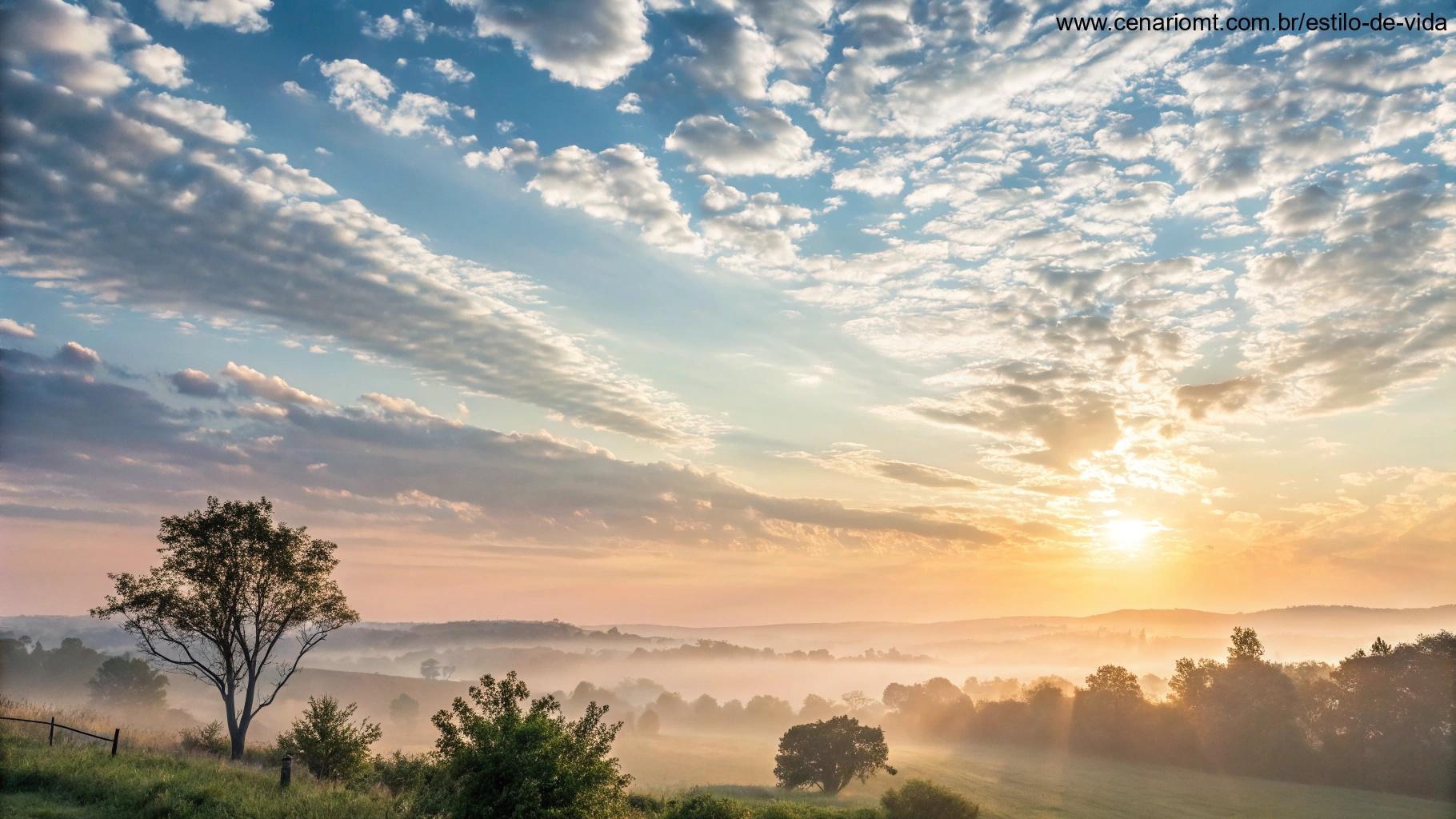 Céu da manhã brilhante com nuvens suaves, sugerindo o início de um novo dia cheio de possibilidades para terça-feira.