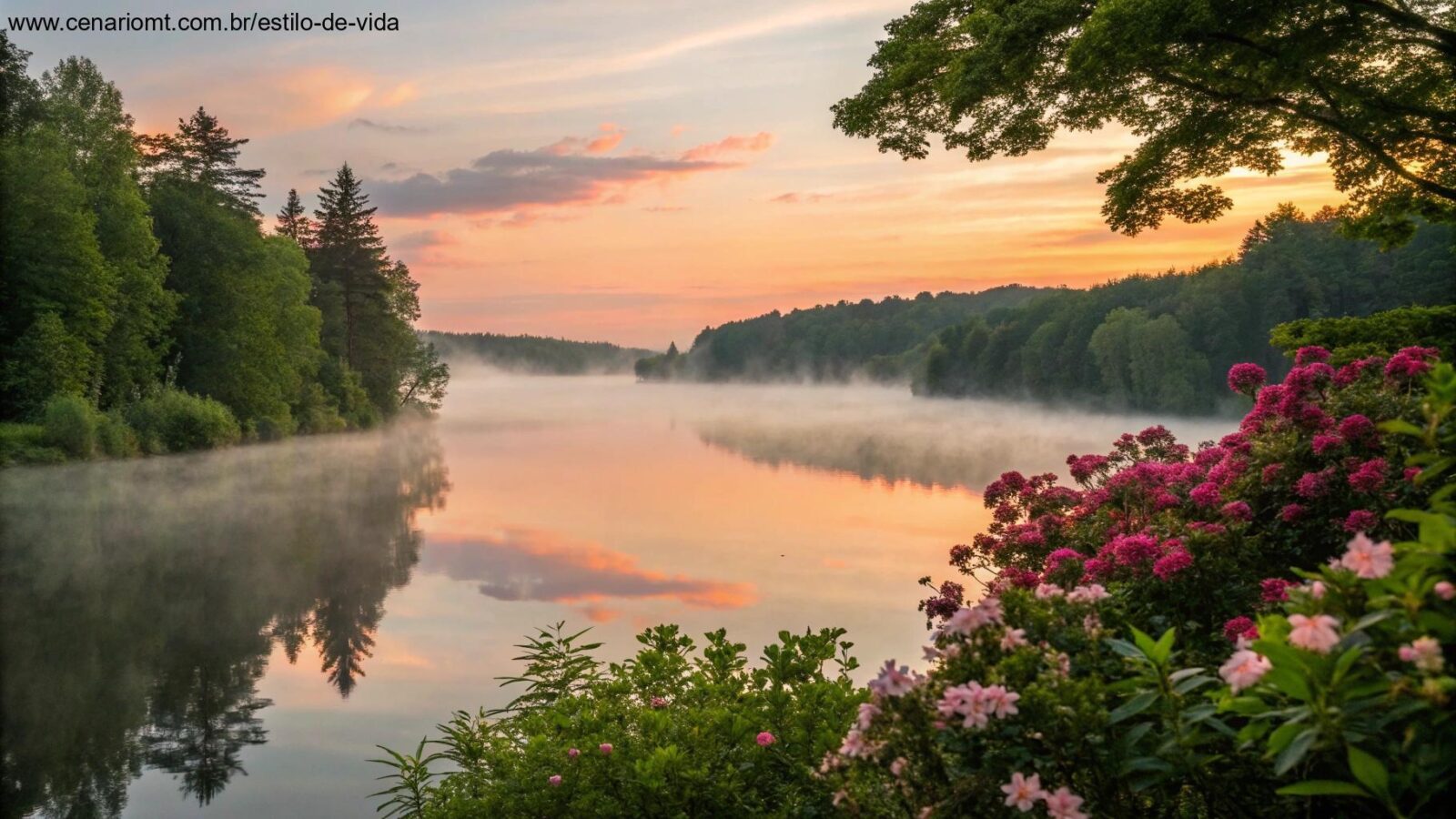 Nascer do sol tranquilo sobre um lago calmo com névoa subindo, cercado por árvores verdes e flores coloridas