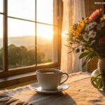 Cena de manhã tranquila com luz suave entrando pela janela, criando um ambiente acolhedor com uma xícara de café e um buquê de flores frescas sobre uma mesa.