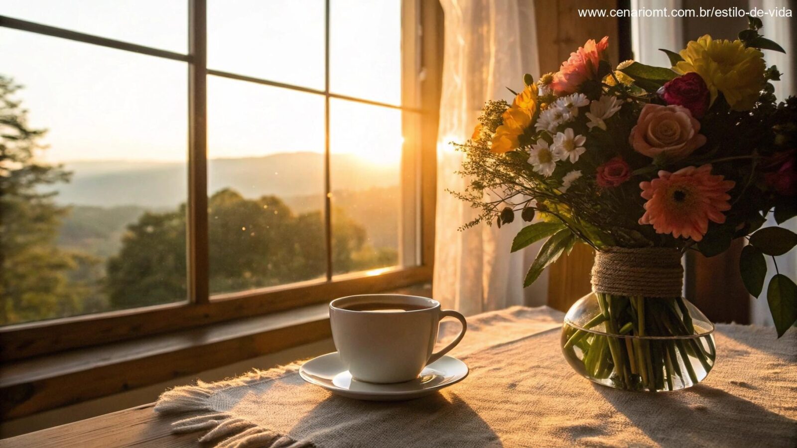 Cena de manhã tranquila com luz suave entrando pela janela, criando um ambiente acolhedor com uma xícara de café e um buquê de flores frescas sobre uma mesa.
