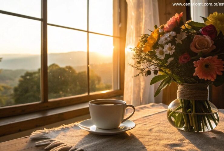 Cena de manhã tranquila com luz suave entrando pela janela, criando um ambiente acolhedor com uma xícara de café e um buquê de flores frescas sobre uma mesa.