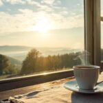 Cena de manhã tranquila com luz suave entrando pela janela, uma xícara de café na mesa e uma paisagem calma ao fundo.