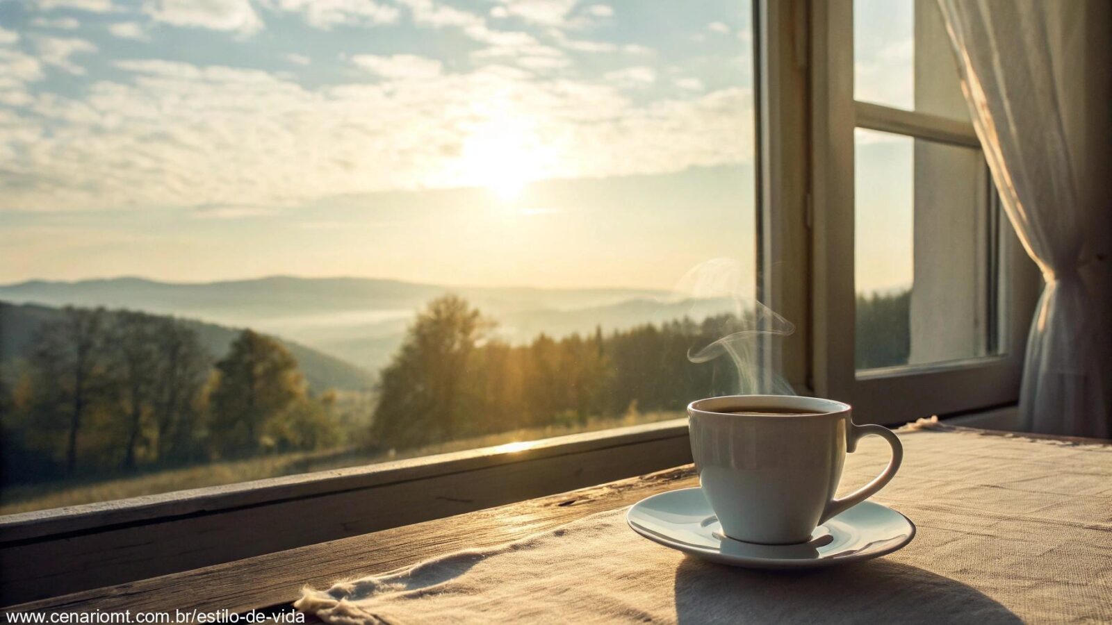 Cena de manhã tranquila com luz suave entrando pela janela, uma xícara de café na mesa e uma paisagem calma ao fundo.