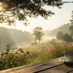 Cenário calmo de manhã com sol e café na mesa