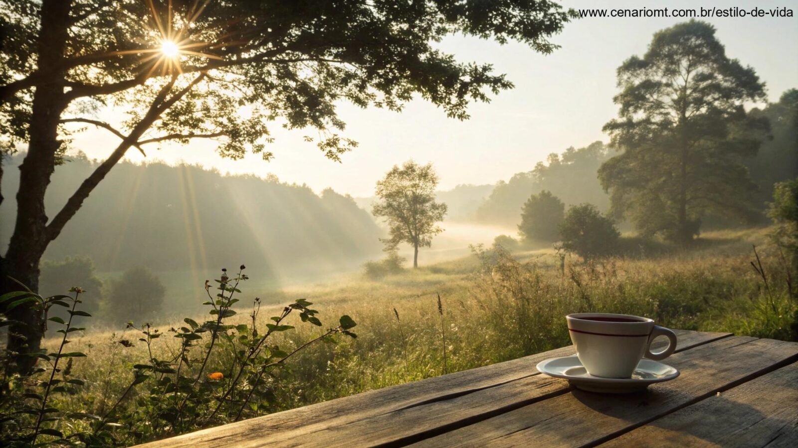 Cenário calmo de manhã com sol e café na mesa