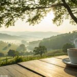 Cenário tranquilo de manhã com luz suave filtrando pelas árvores verdes e uma xícara de café sobre uma mesa de madeira.