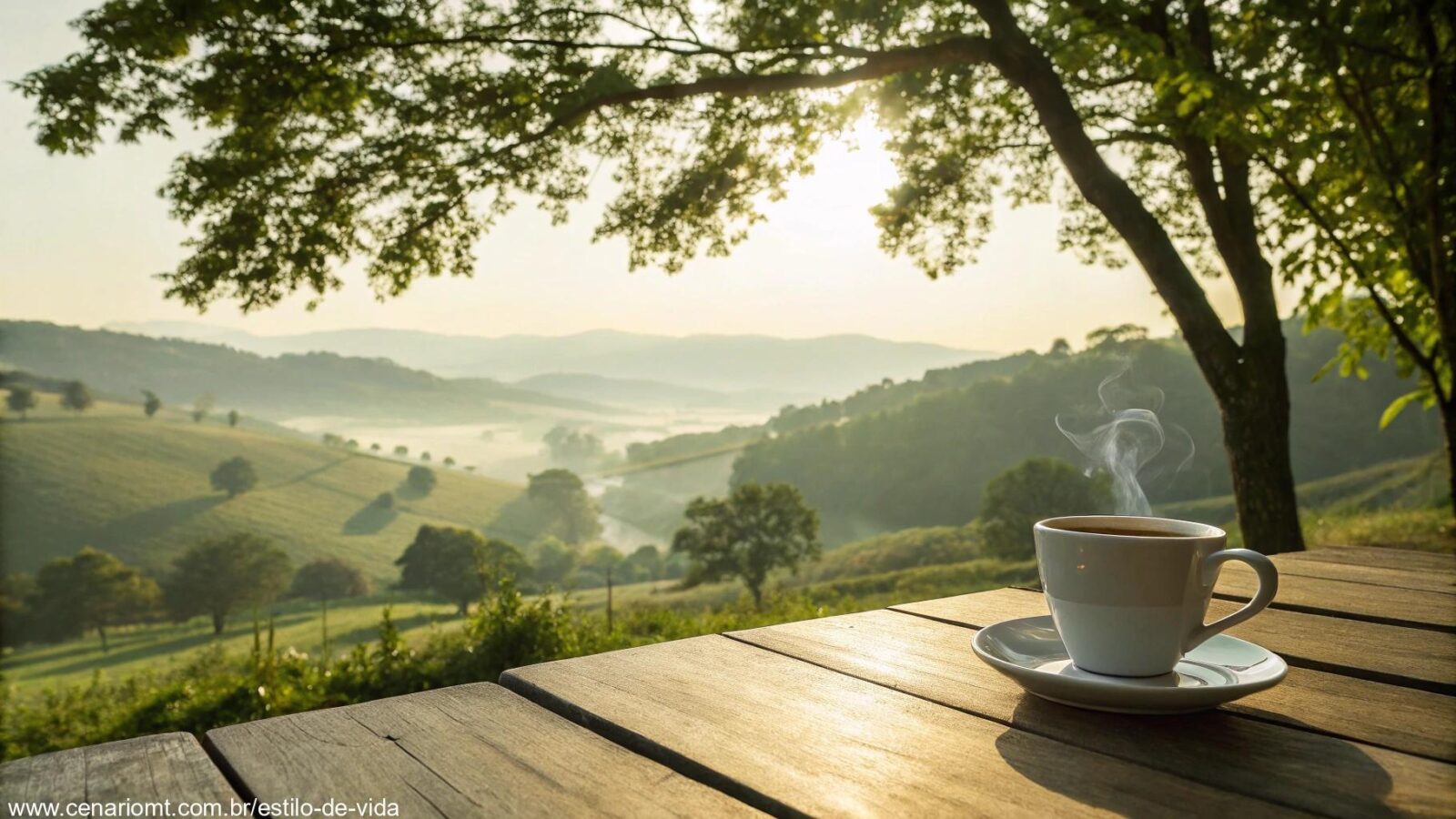 Cenário tranquilo de manhã com luz suave filtrando pelas árvores verdes e uma xícara de café sobre uma mesa de madeira.
