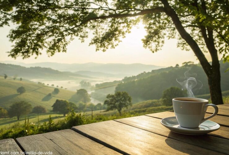 Cenário tranquilo de manhã com luz suave filtrando pelas árvores verdes e uma xícara de café sobre uma mesa de madeira.