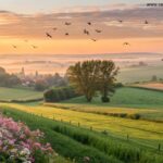Amanhecer tranquilo no campo com luz suave e flores desabrochando