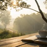 Imagem de uma manhã serena com café e luz suave para mensagem de bom dia