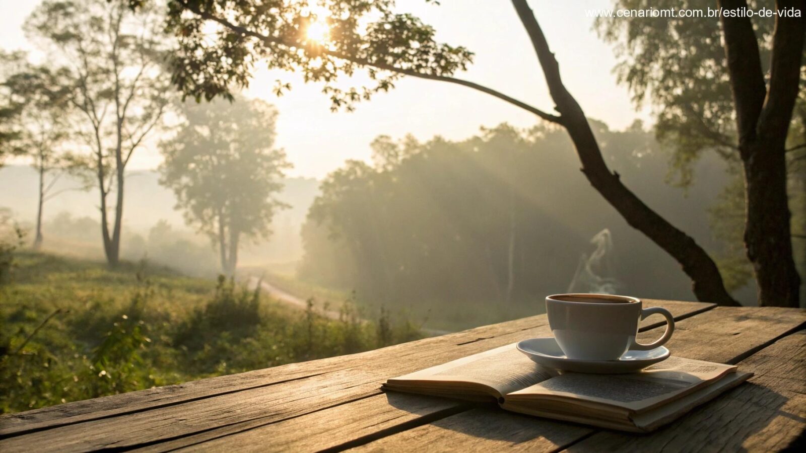 Imagem de uma manhã serena com café e luz suave para mensagem de bom dia