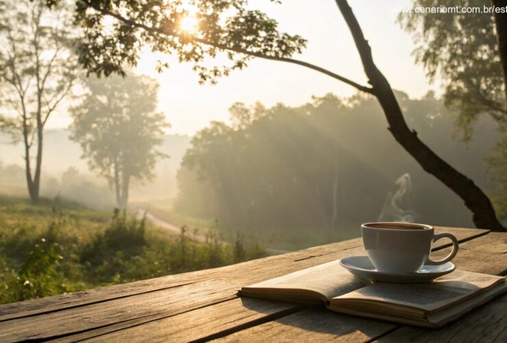 Imagem de uma manhã serena com café e luz suave para mensagem de bom dia