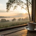 Cena tranquila de manhã com o nascer do sol, uma xícara de café quente em uma mesa de madeira e uma paisagem serena do lado de fora da janela.