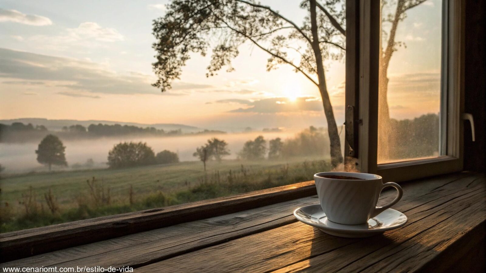 Cena tranquila de manhã com o nascer do sol, uma xícara de café quente em uma mesa de madeira e uma paisagem serena do lado de fora da janela.