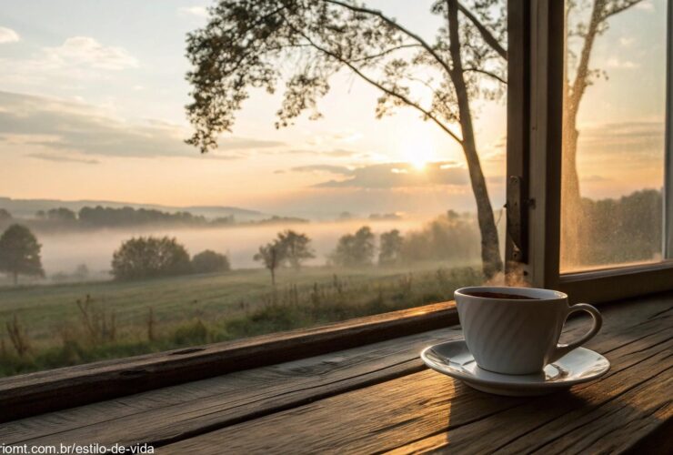 Cena tranquila de manhã com o nascer do sol, uma xícara de café quente em uma mesa de madeira e uma paisagem serena do lado de fora da janela.