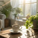 Cena de manhã tranquila com luz suave e café na mesa