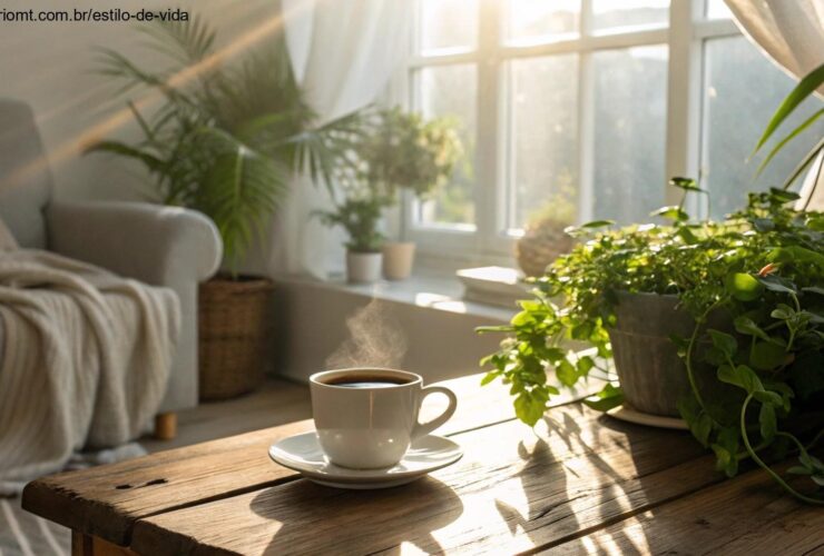 Cena de manhã tranquila com luz suave e café na mesa