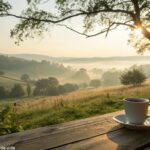 Uma paisagem tranquila de manhã com luz suave, uma xícara de café quente sobre uma mesa, e uma vista cênica da natureza ao fundo, simbolizando positividade e tranquilidade para a manhã de quinta-feira.