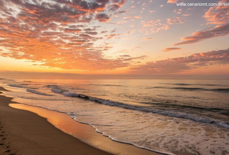 Imagem motivacional para começar a semana com otimismo, mostrando o amanhecer, uma praia tranquila e ondas suaves.
