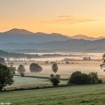 Imagem de uma paisagem tranquila ao amanhecer, com luz suave iluminando um campo calmo e montanhas distantes, simbolizando o começo de uma nova semana.