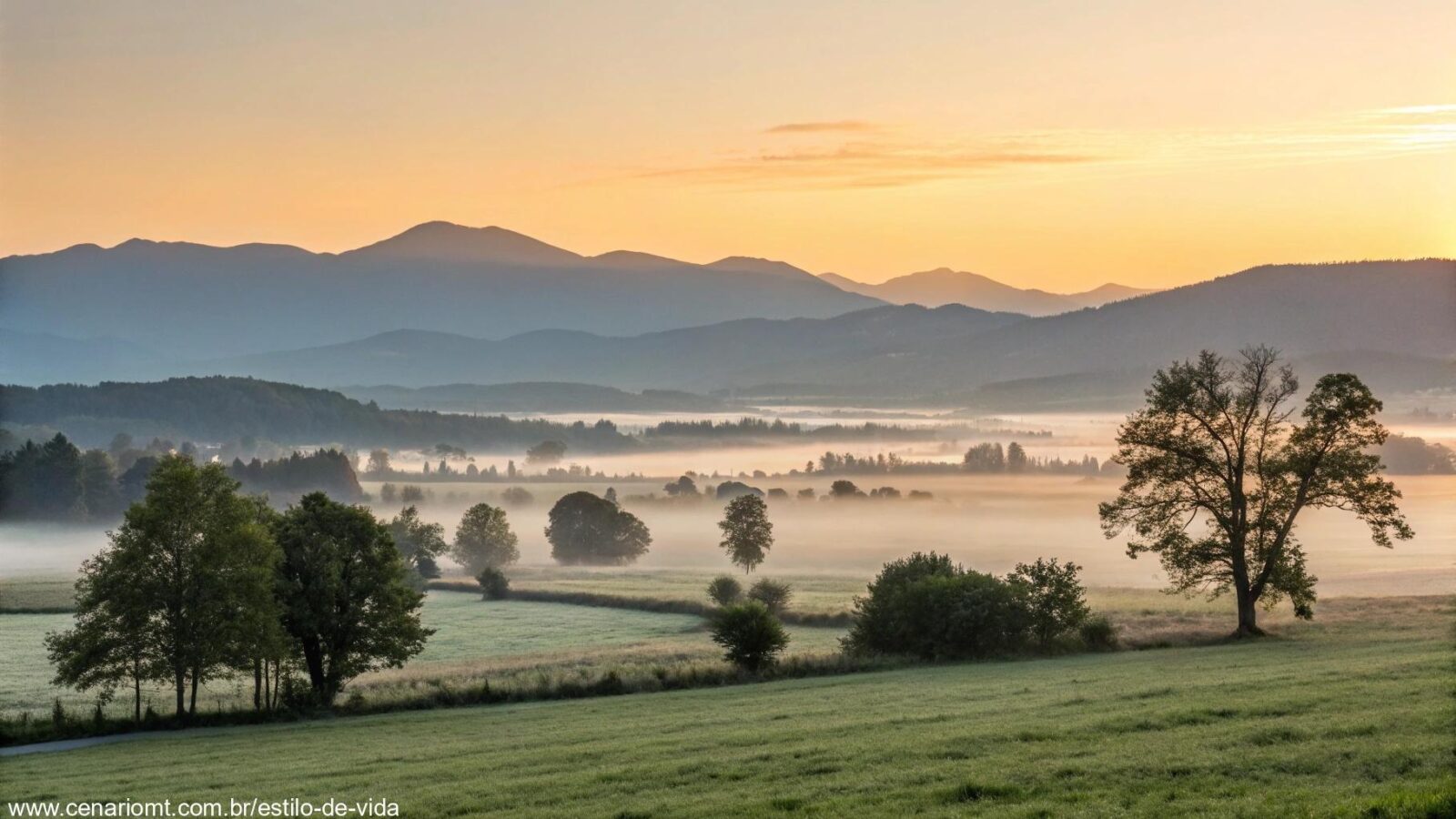 Imagem de uma paisagem tranquila ao amanhecer, com luz suave iluminando um campo calmo e montanhas distantes, simbolizando o começo de uma nova semana.