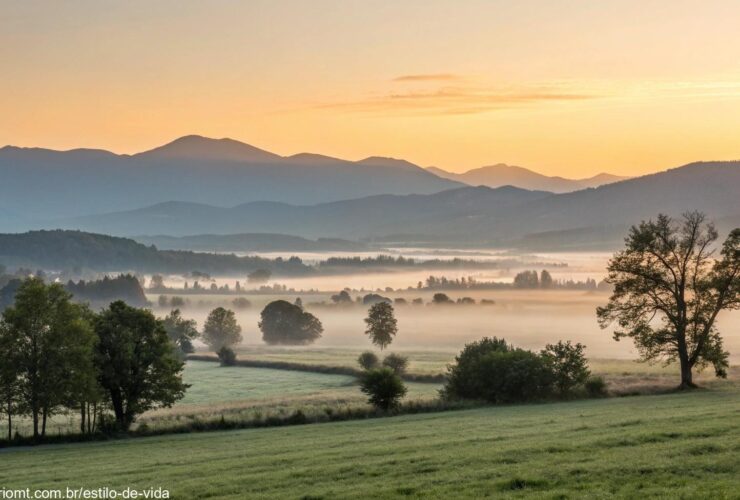 Imagem de uma paisagem tranquila ao amanhecer, com luz suave iluminando um campo calmo e montanhas distantes, simbolizando o começo de uma nova semana.
