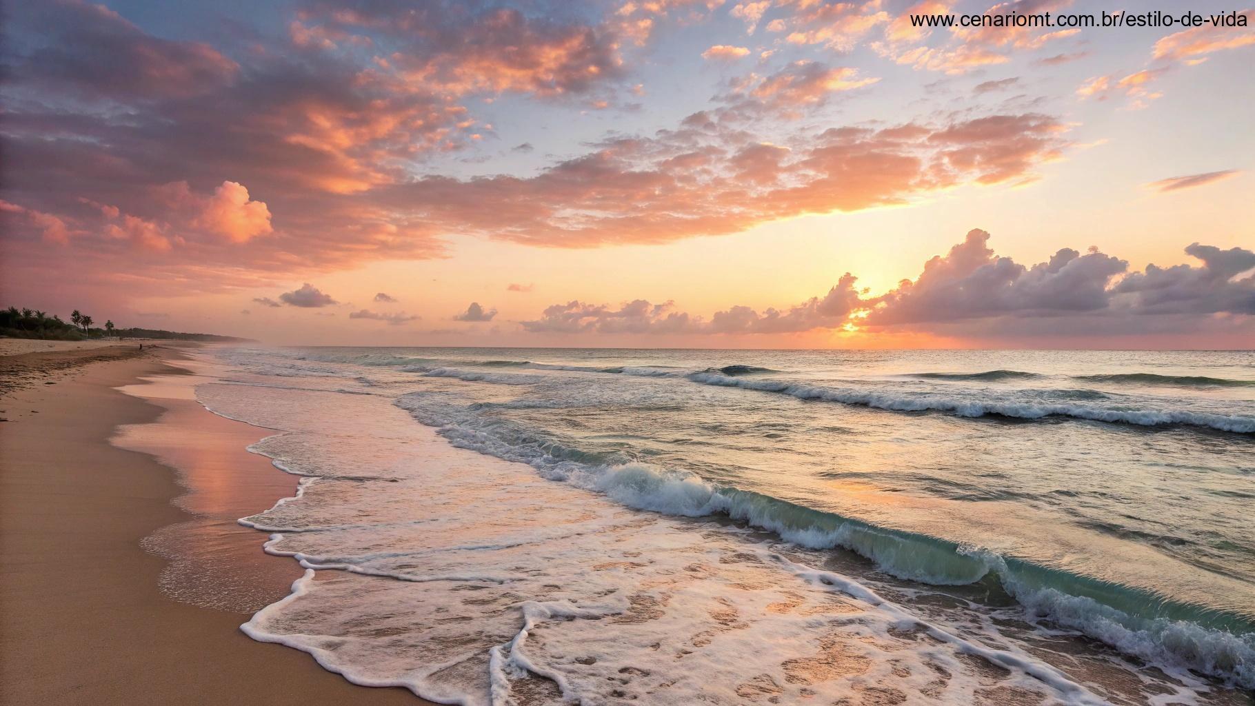 Cena alegre de manhã com o nascer do sol sobre uma praia tranquila, com ondas suaves tocando a orla.