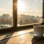 Mensagem de Bom Dia com luz suave da manhã e uma xícara de café.