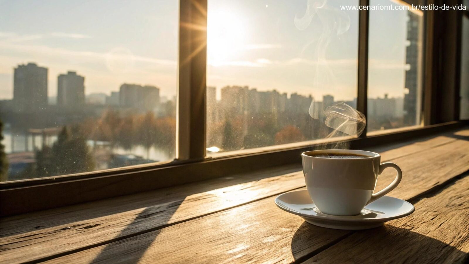 Mensagem de Bom Dia com luz suave da manhã e uma xícara de café.