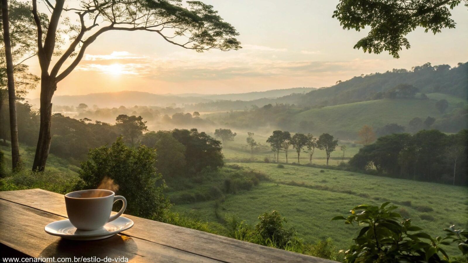 Cena tranquila de manhã com um nascer do sol suave, uma xícara de café e uma brisa suave passando por uma paisagem verde, evocando positividade e calma.