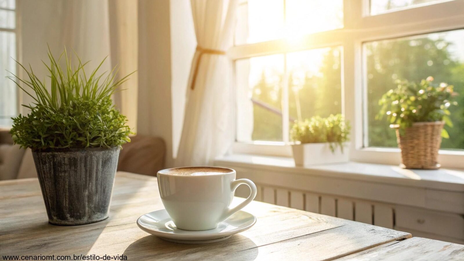 Cena de manhã com uma xícara de café e luz suave entrando pela janela