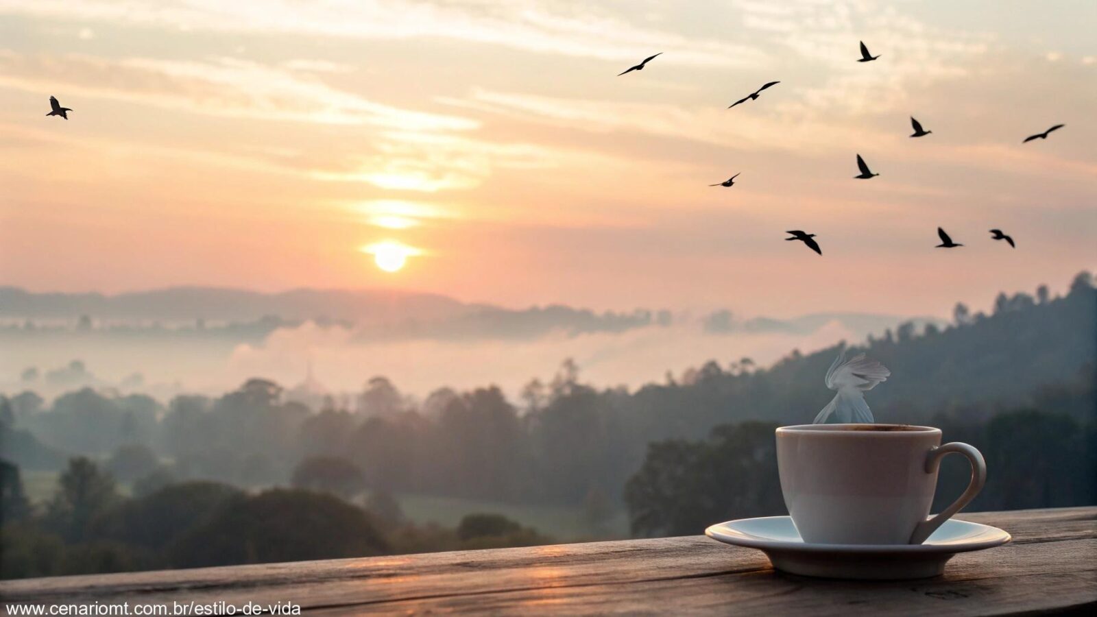 Imagem de uma manhã tranquila com um nascer do sol, pássaros voando e uma xícara de café sobre uma mesa