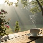 Cena de manhã tranquila com luz suave filtrando através das árvores, uma xícara de café em uma mesa de madeira e flores florescendo no fundo, simbolizando um início de dia calmo e positivo.