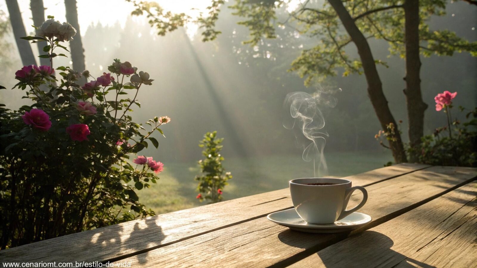 Cena de manhã tranquila com luz suave filtrando através das árvores, uma xícara de café em uma mesa de madeira e flores florescendo no fundo, simbolizando um início de dia calmo e positivo.