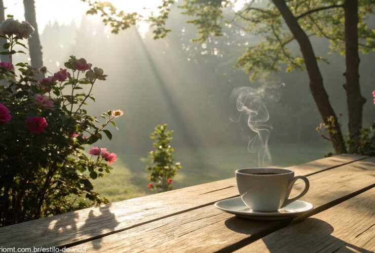 Cena de manhã tranquila com luz suave filtrando através das árvores, uma xícara de café em uma mesa de madeira e flores florescendo no fundo, simbolizando um início de dia calmo e positivo.