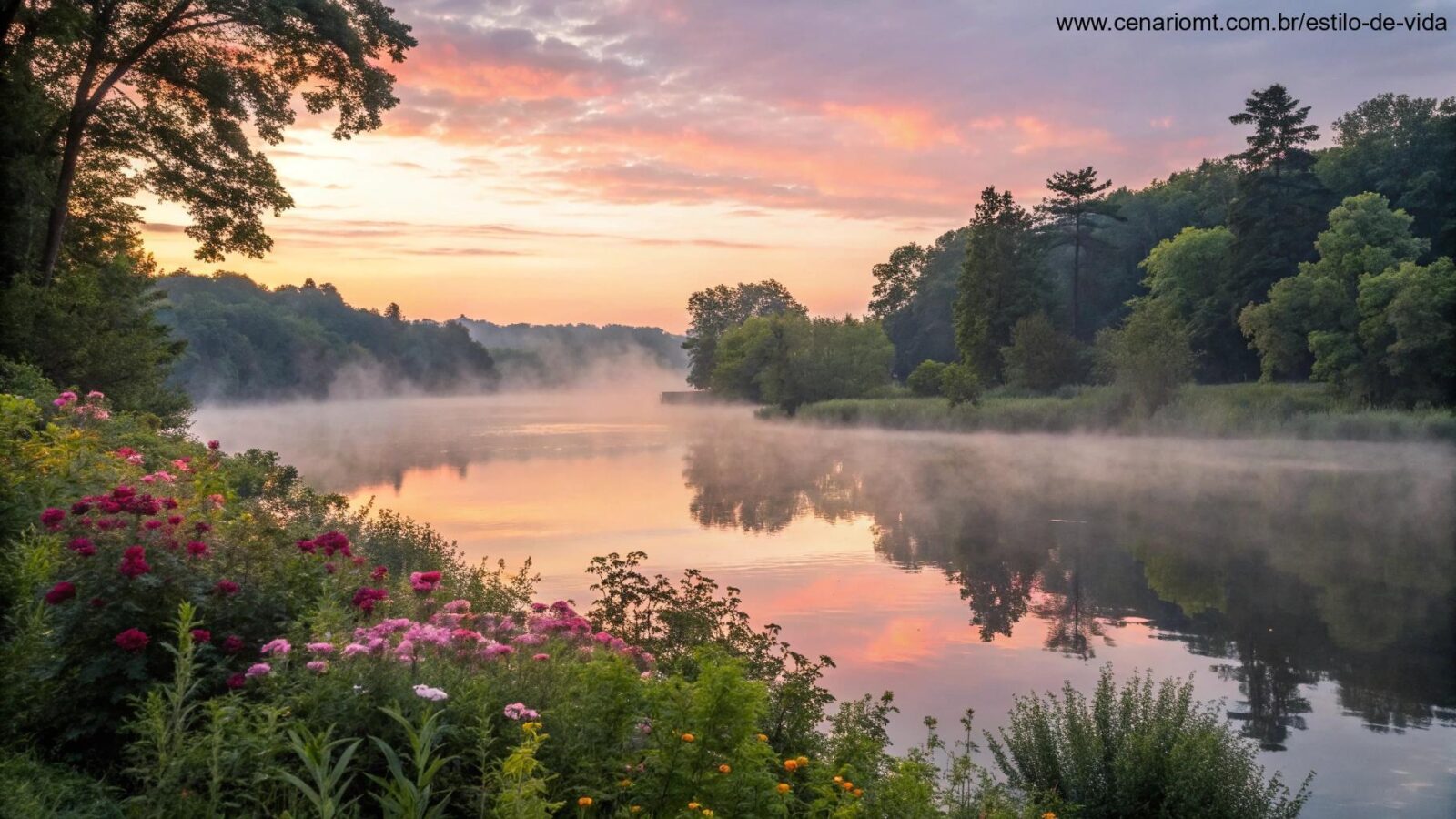 Nascer do sol tranquilo sobre um lago calmo com névoa subindo, cercado por árvores verdes e flores coloridas