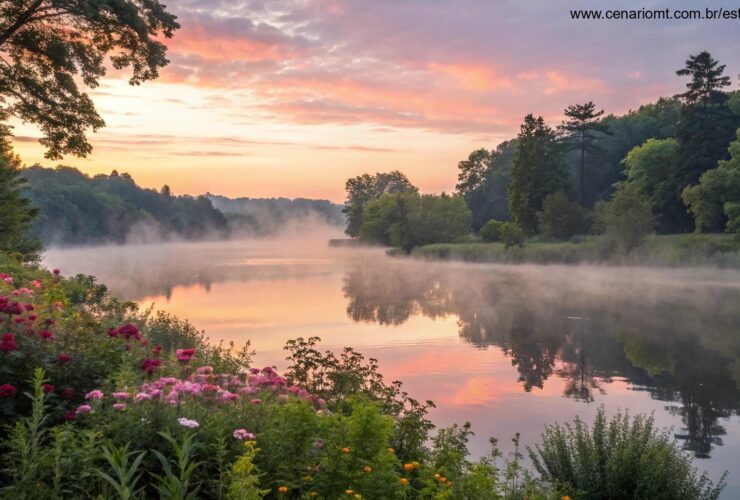 Nascer do sol tranquilo sobre um lago calmo com névoa subindo, cercado por árvores verdes e flores coloridas