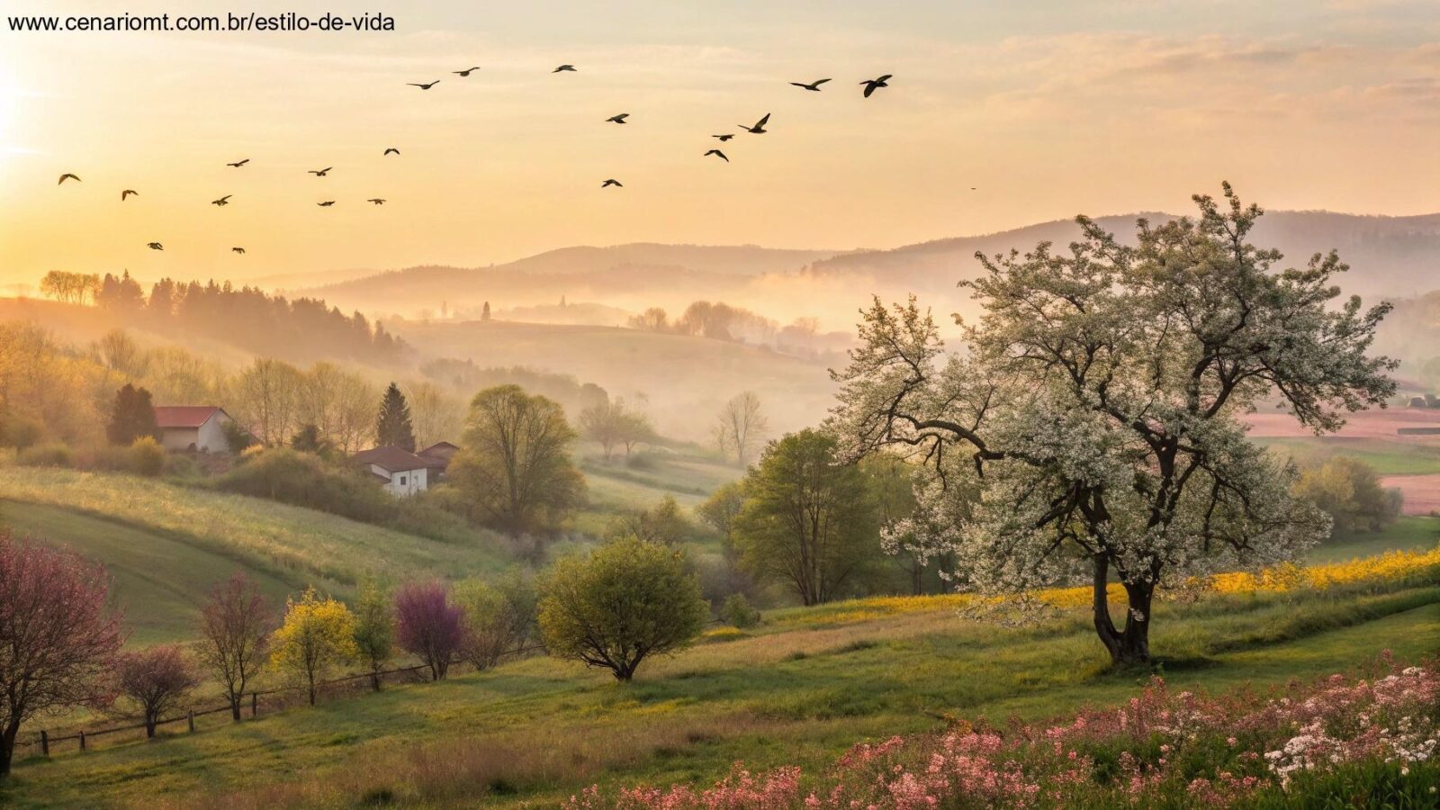 Imagem de um amanhecer tranquilo no campo para mensagem de bom dia no sábado