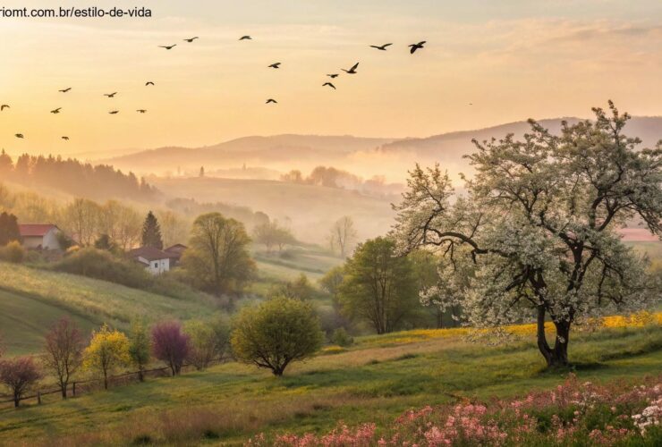 Imagem de um amanhecer tranquilo no campo para mensagem de bom dia no sábado