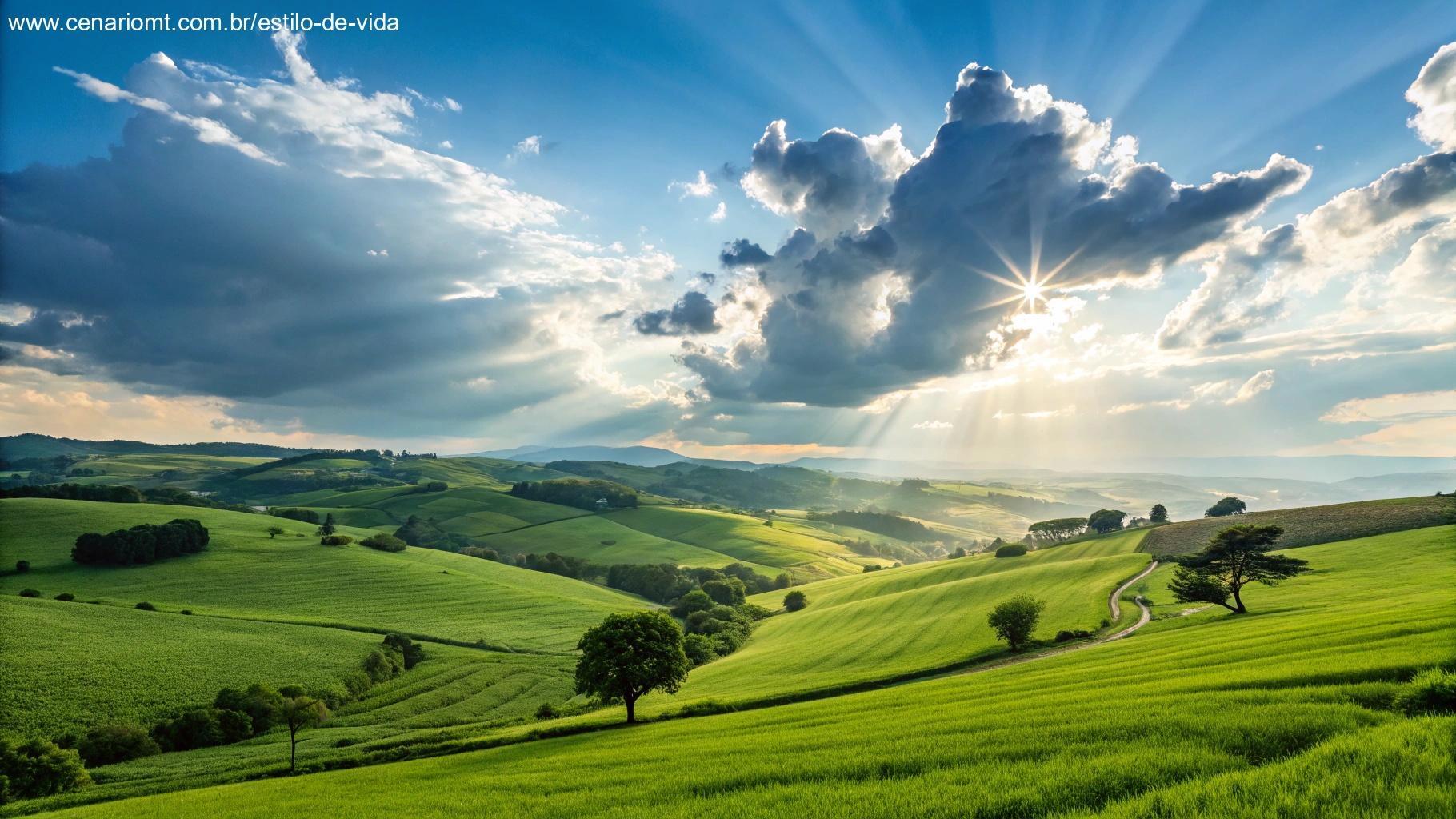 Imagem vibrante e positiva simbolizando o início de uma nova semana, com campos verdes, céu azul e luz do sol atravessando as nuvens.