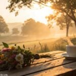 Cenário tranquilo de manhã com luz dourada e xícara de café para sexta-feira iluminada