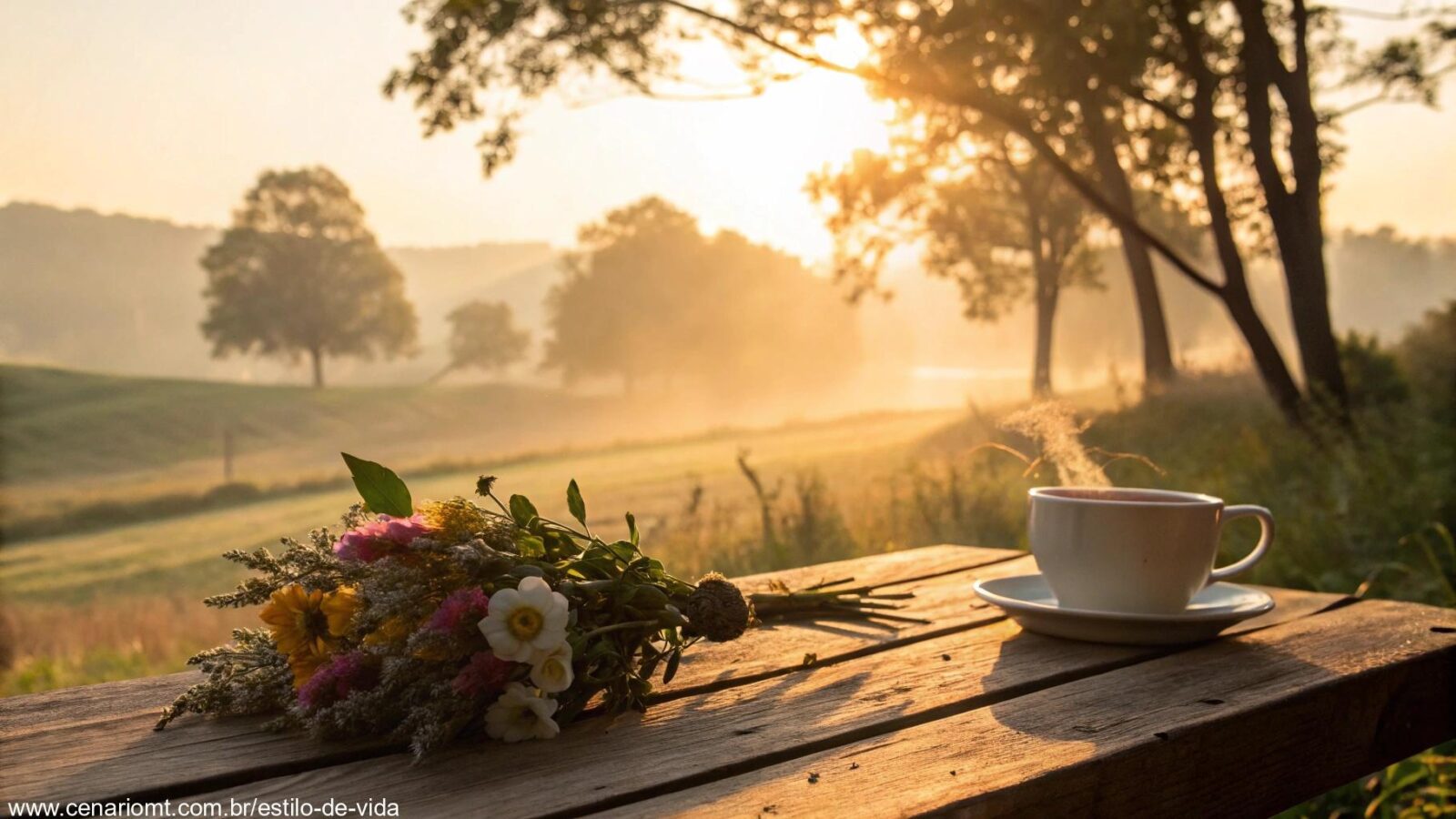 Cenário tranquilo de manhã com luz dourada e xícara de café para sexta-feira iluminada
