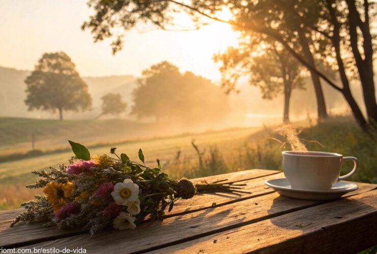 Cenário tranquilo de manhã com luz dourada e xícara de café para sexta-feira iluminada