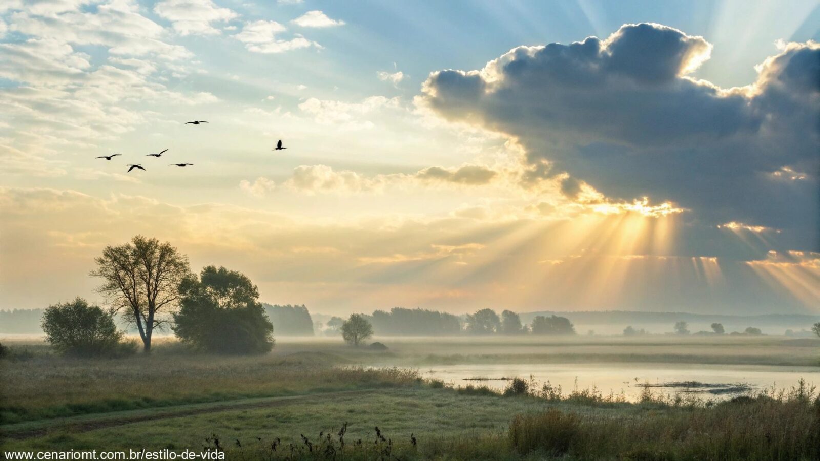 Cena tranquila de manhã com raios de sol passando pelas nuvens sobre uma paisagem calma